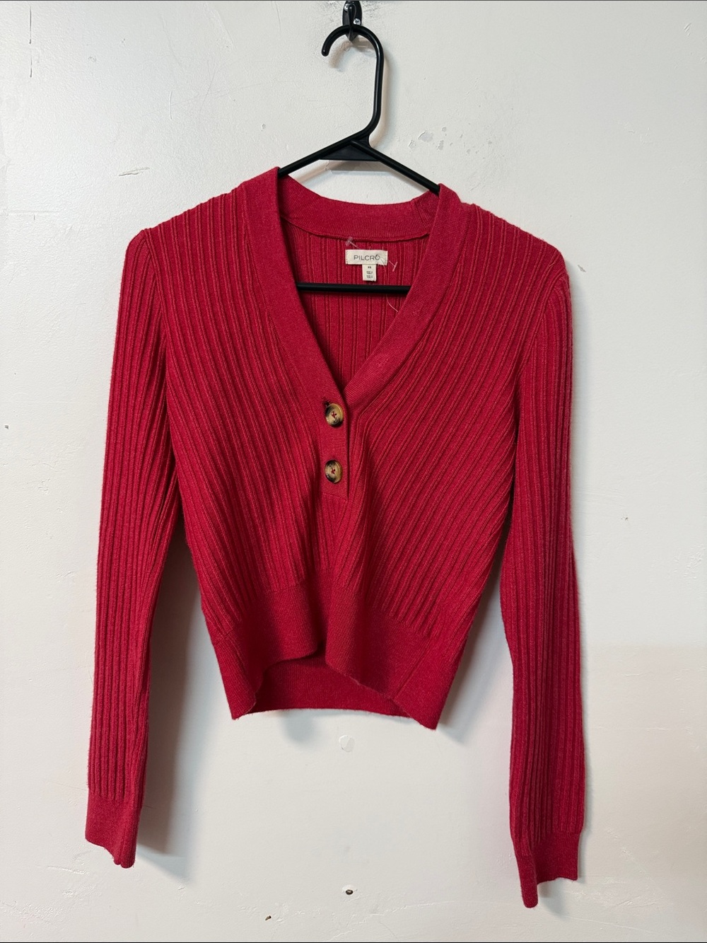 Pilcro Red Ribbed V-Neck Button Front Sweater